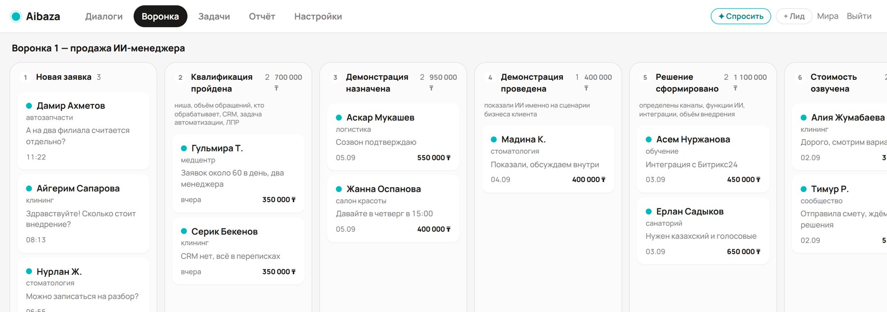 Воронка в кабинете Aibaza: этапы, суммы, карточки клиентов